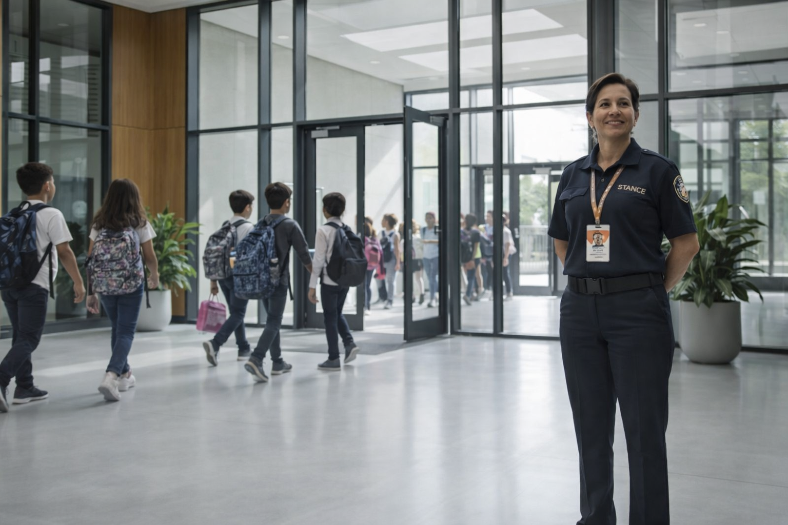 School staff wearing wearable panic badge in hallway